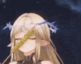 a girl with long blonde hair and a crown on her head is holding a sword .