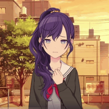 a girl with purple hair and blue eyes stands in front of a sign that says no smoking