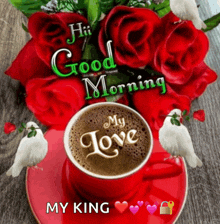 a cup of coffee is on a saucer next to a bouquet of red roses