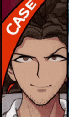 a close up of a man 's face with a case sticker on it