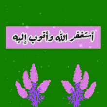 a green background with purple flowers and a pink sign