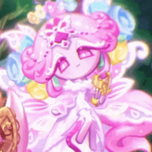 a cartoon character with pink hair and a white dress is holding a bottle