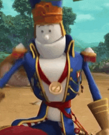 a cartoon character is wearing a medal around his neck and a hat