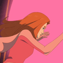 a cartoon drawing of a woman with long red hair and green eyes