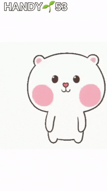 a cartoon of a white bear with pink cheeks sticking out its tongue and making a funny face .
