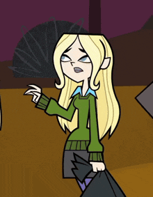 a cartoon character with blonde hair is wearing a green sweater and black skirt