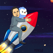 a man is riding a rocket with a penguin on the back