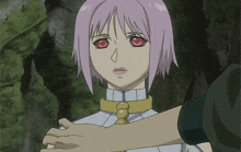 a woman with pink hair and red eyes is being held by another person
