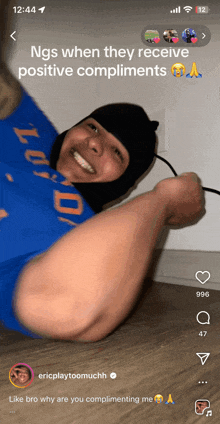 a phone screen shows a man with a huge arm and a caption that says " ngs when they receive positive compliments "