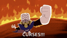 a cartoon character says curses in front of fire