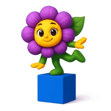 a purple flower with a yellow face is standing on a blue cube