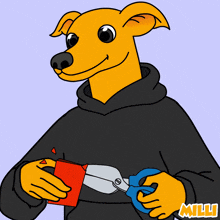 a cartoon dog wearing a black hoodie is holding a pair of scissors and says milli on the bottom