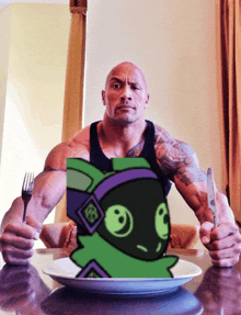 a man is holding a fork and knife in front of a picture of a cartoon character