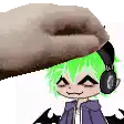 a cartoon character with green hair and headphones is being touched by a person .