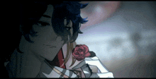 a man with blue hair is holding a rose in his hand