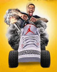 a man is driving a lawn mower made out of a pair of jordan shoes