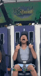 a girl is screaming while riding a roller coaster with the words whaaaaa written below her