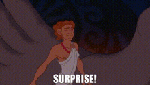 a cartoon character from hercules is standing in front of a monster and saying surprise .