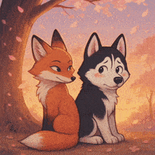 a fox and a husky sitting next to each other under a tree