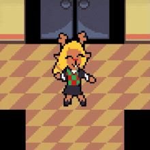 a pixel art of a girl dancing in a room in front of a door .