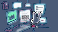 a drawing of a rabbit looking at a computer screen