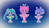 three cartoon characters are standing next to each other and one has a butterfly on her head