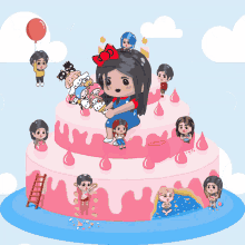 a cartoon of a girl sitting on a cake