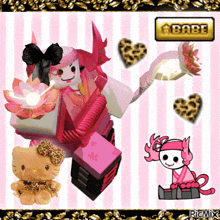 a picture of a hello kitty and a robot with hearts and a button that says babe