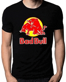 a man is wearing a black red bull t-shirt .