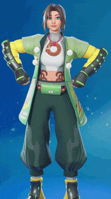 a girl in a green and yellow outfit is standing with her arms on her hips