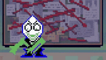 a pixel art drawing of a cartoon character standing in front of a map .