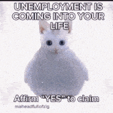 a white cat with the words unemployment is coming into your life affirm " yes " to claim