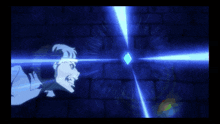 a blue light is shining on a man 's head