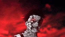 a black and white drawing of a person with blood on their face