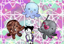 a cartoon drawing of three octopus and a man