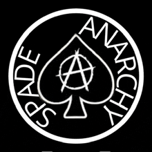 a white spade with an anarchy symbol inside of a white circle