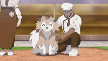 a man in a chef 's hat kneeling next to a cartoon dog