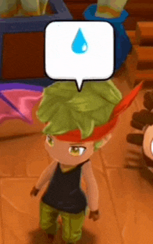 a cartoon character with a speech bubble and a drop of water on his head