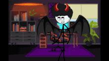 a stick figure with horns and wings is standing in a dark room