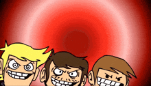 three cartoon characters with angry faces are standing next to each other
