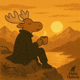 a moose sitting on a rock with a cup of coffee