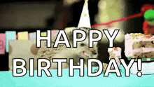 a hedgehog wearing a party hat is sitting in front of a birthday cake and says happy birthday .