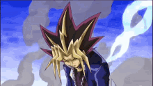 a cartoon of a man with a purple and gold haircut