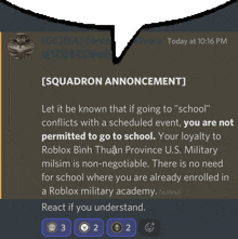 a screenshot of a squadron announcement that says " react if you understand "