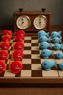a chess board with red and blue fish on it and a clock behind it