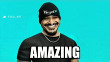 a man wearing a beanie and a t-shirt with the word amazing on it