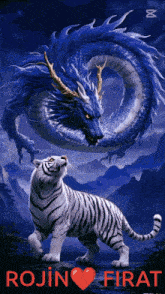 a white tiger standing in front of a blue dragon that says rojin firat on the bottom