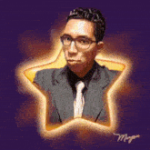 a drawing of a man in a suit and tie with a star behind him
