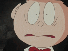 a cartoon character is wearing a tuxedo and bow tie and has a surprised look on his face