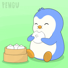a penguin is holding a ball of food in front of a stack of dumplings with the word pengu written on the bottom